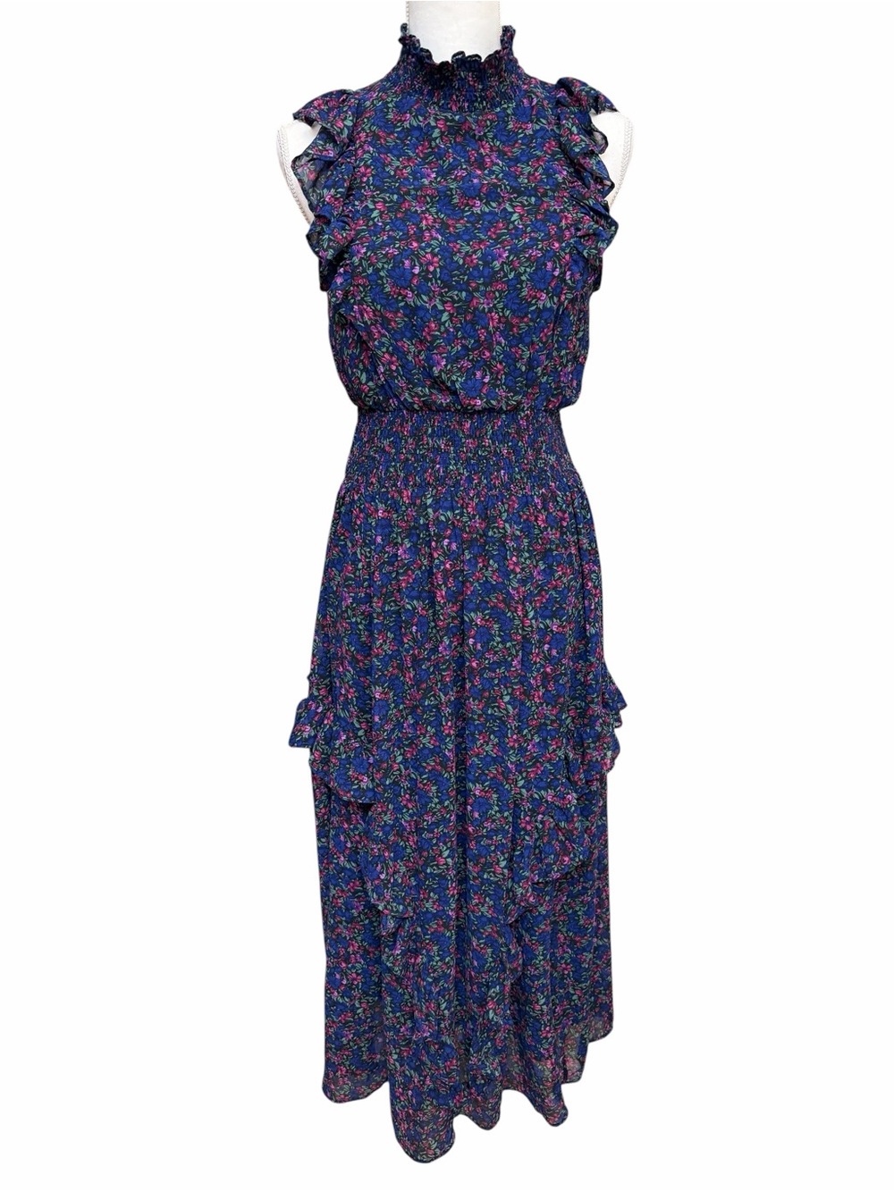 LULUS Blue Floral Smocked Waist & Neckline Ruffle Sleeveless Midi Dress Size S